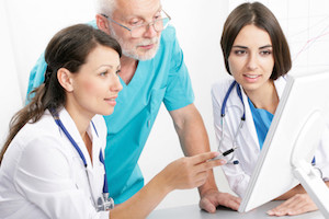 Medical theme: doctors are studying a medical report.