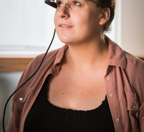 woman wearing google glass